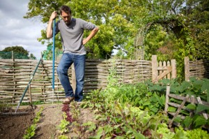 Gardener Resting in Vegetable Garden