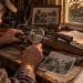Elderly man examining a scoped bolt-action rifle with a magnifying glass at a workbench