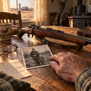 Vintage bolt-action rifle on a table beside an elderly hand resting on a black-and-white family photo
